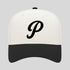 White and black cap with a black 'P' logo on a light gray background